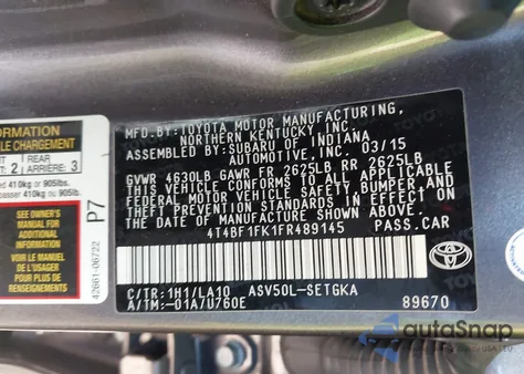 2015 Toyota Camry Xle из США, поврежденный, VIN 4T4BF1FK1FR489145